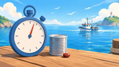 Illustration: a large stopwatch beside a tin can with a bean, with a small fishing boat sailing behind