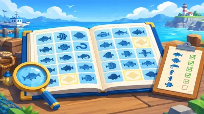 Illustration: an open encyclopedia with a grid of fish slots, most filled and a few empty, beside a magnifier and a tick list