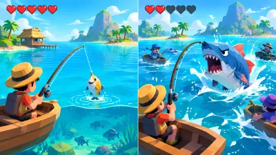 Illustration: the same fishing fight twice, easy with full health and a small fish, hard with low health and a large angry fish