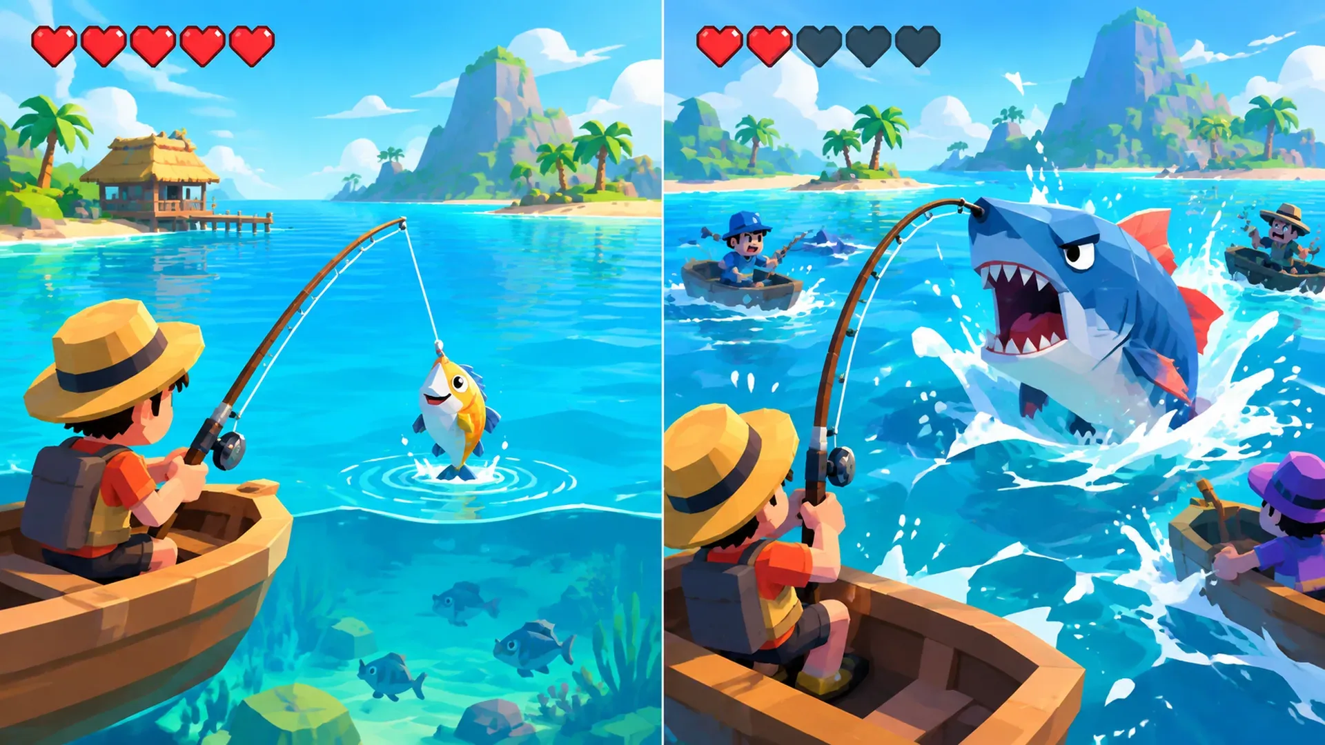 Illustration: the same fishing fight twice, easy with full health and a small fish, hard with low health and a large angry fish