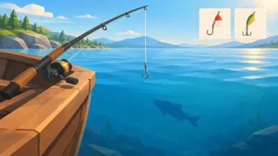 Illustration: a rod with an empty hook above still water while a fish ignores it below, with two alternate lures as insets