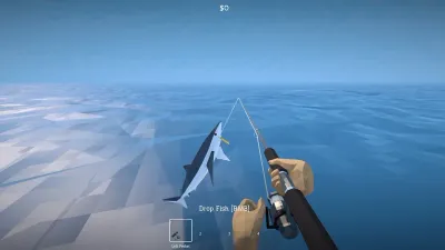 A shark hanging from the fishing line above open ocean in How to Fish
