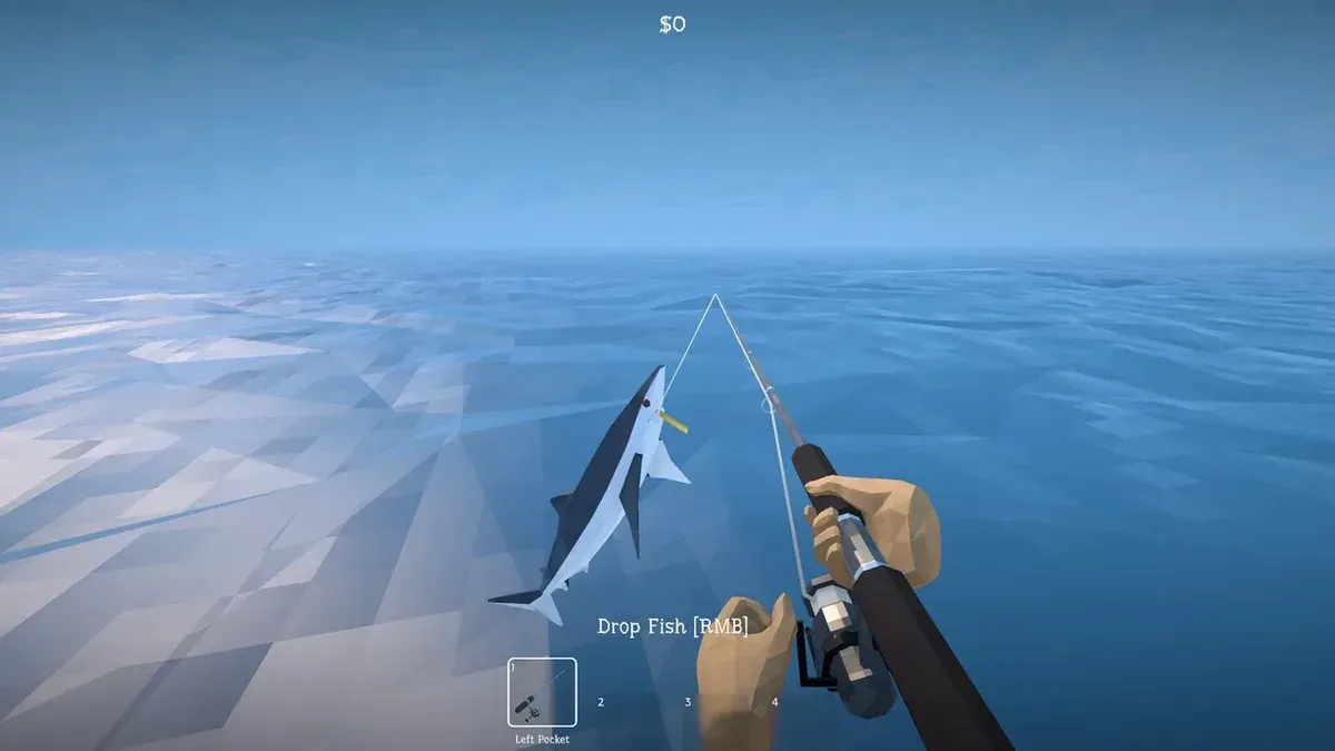 A shark hanging from the fishing line above open ocean in How to Fish