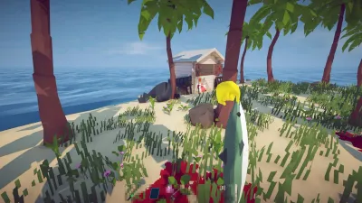 A player carrying a caught fish along the island beach in How to Fish