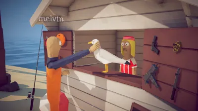 Official How to Fish screenshot of an island shop counter with a seagull and an NPC trader