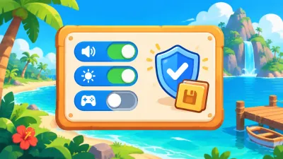 Illustration: a game settings panel with toggle switches beside a shield with a check mark and a save-file card