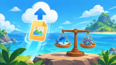 Illustration: a save-file card floating into a cloud with an upload arrow beside a scale holding a fish and a gear