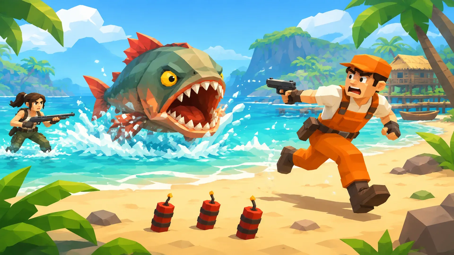 Illustration: a giant piranha lunging from the shallows while two players fire a pistol and a shotgun, dynamite on the sand