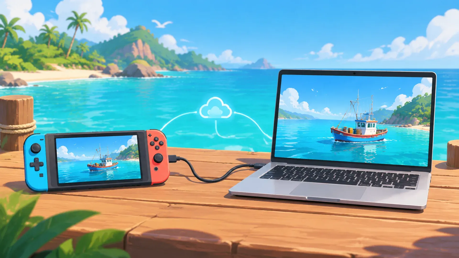 Illustration: a handheld console and a laptop on a dock, both showing the fishing boat, joined by a cloud icon