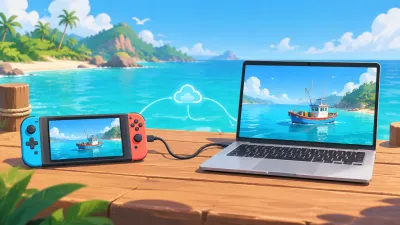 Illustration: a handheld console and a laptop on a dock, both showing the fishing boat, joined by a cloud icon