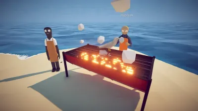 Two players grilling a seagull on a beach barbecue in How to Fish