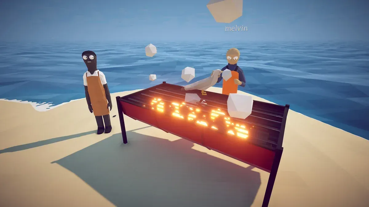 Two players grilling a seagull on a beach barbecue in How to Fish