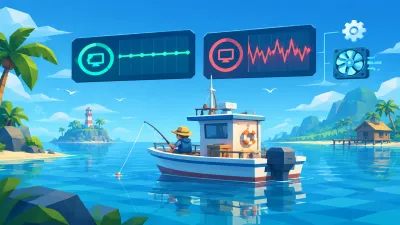 Illustration: a steady green frame graph and a jagged red one above a fishing boat, with a settings gear and a cooling fan
