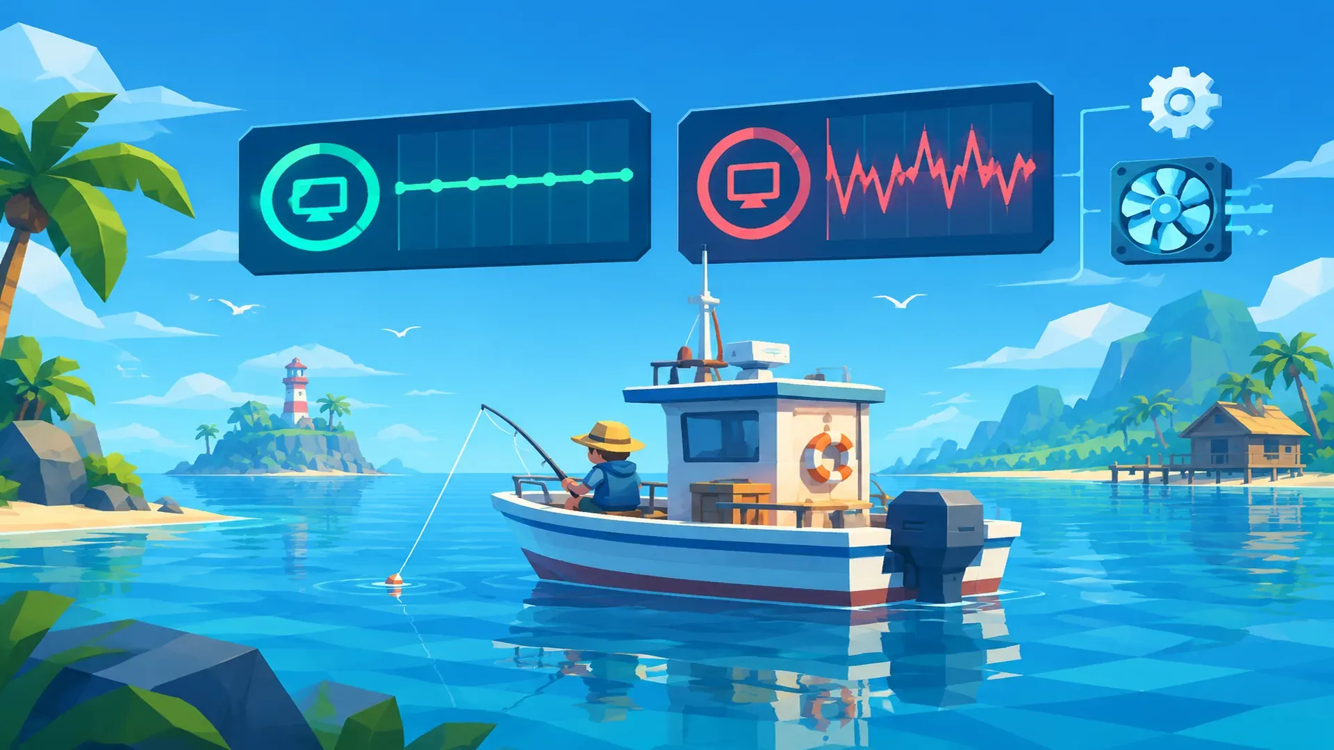 Illustration: a steady green frame graph and a jagged red one above a fishing boat, with a settings gear and a cooling fan