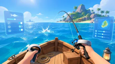 Illustration of a VR first-person view: two tracked hands hold a fishing rod over the water while translucent VR settings panels float on both sides